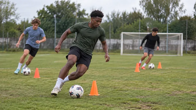 Futbolistas haciendo ejercicios físicos con balón