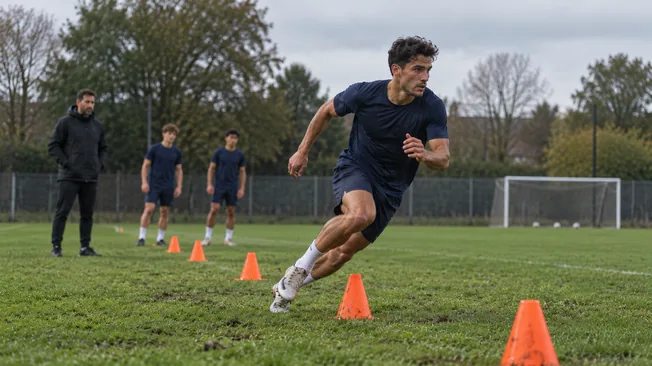 Jugadores practicando velocidad con conos